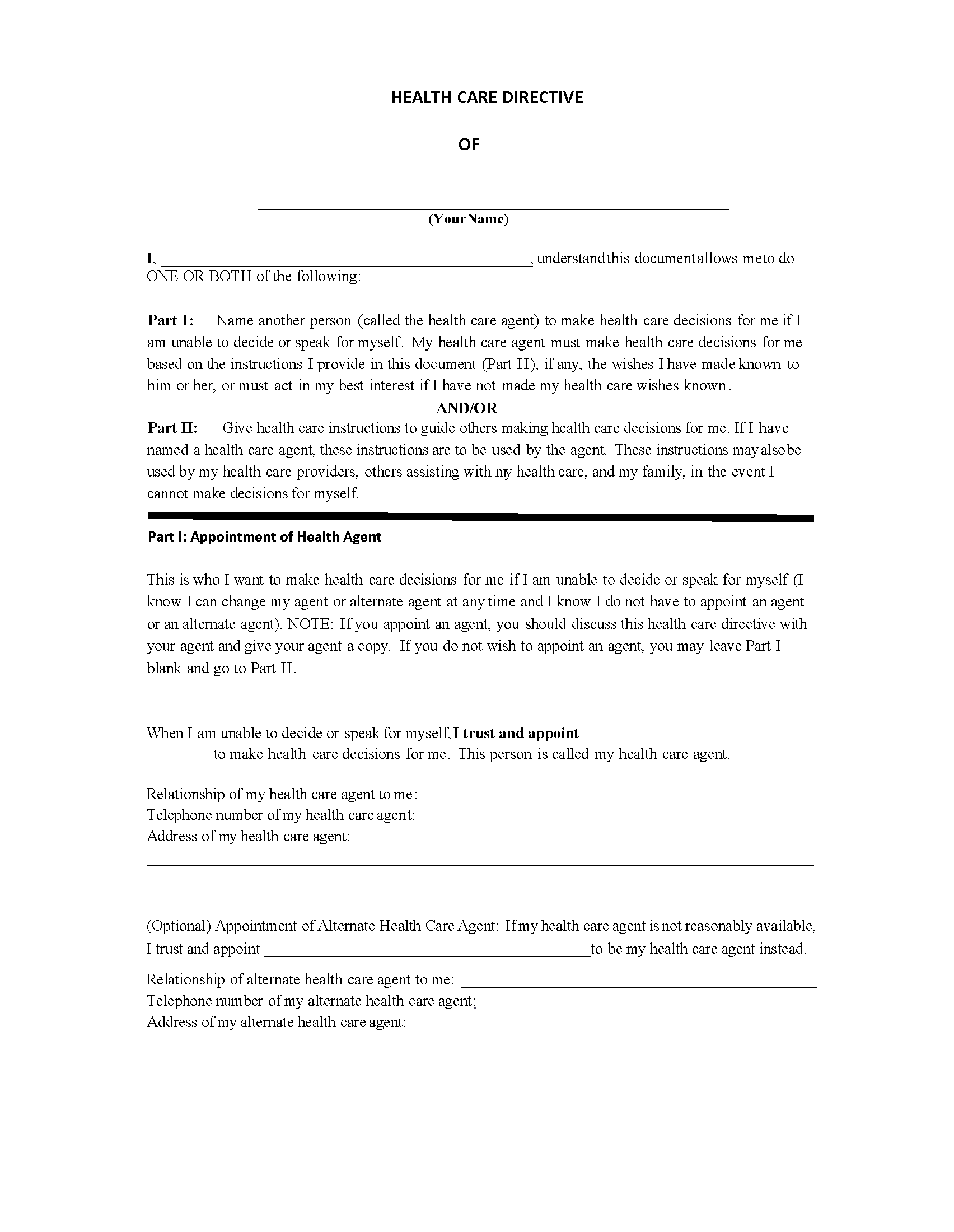 Advance Directive For Health Care Forms Free Printable Legal Forms