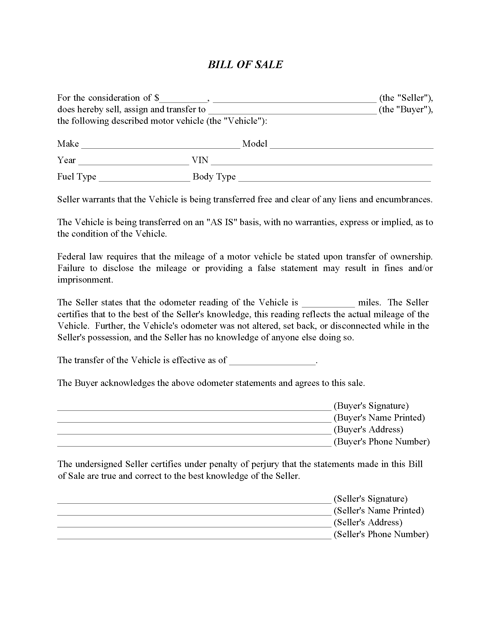 Arkansas Motor Vehicle Bill of Sale Form - Free Printable Legal Forms