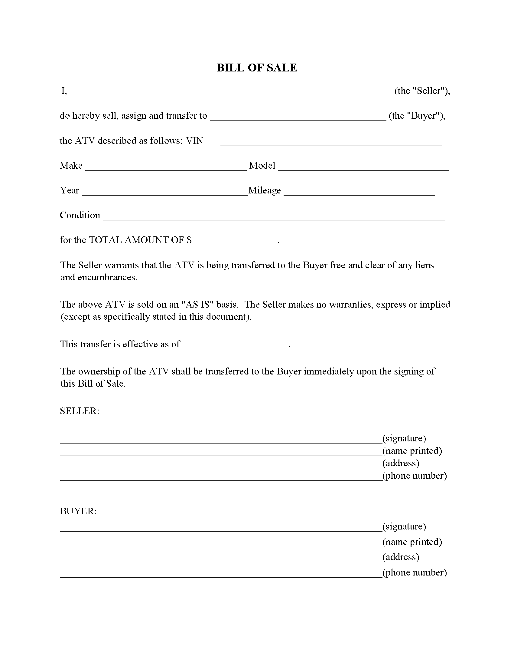 California ATV Bill Of Sale Form Free Printable Legal Forms