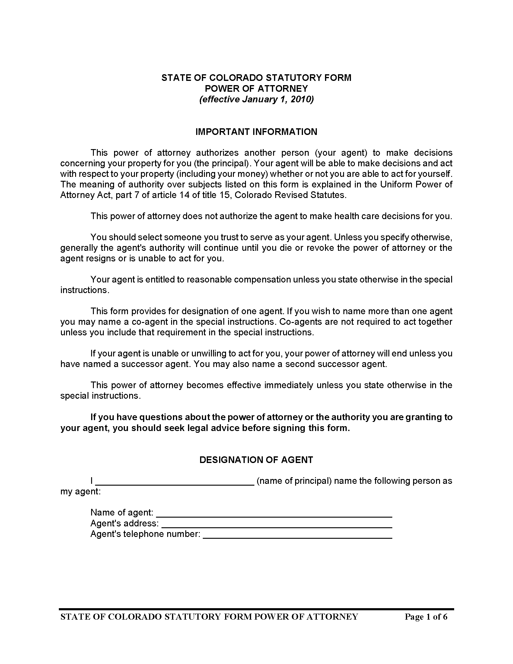 Colorado Financial Power Of Attorney Form Free Printable Legal Forms