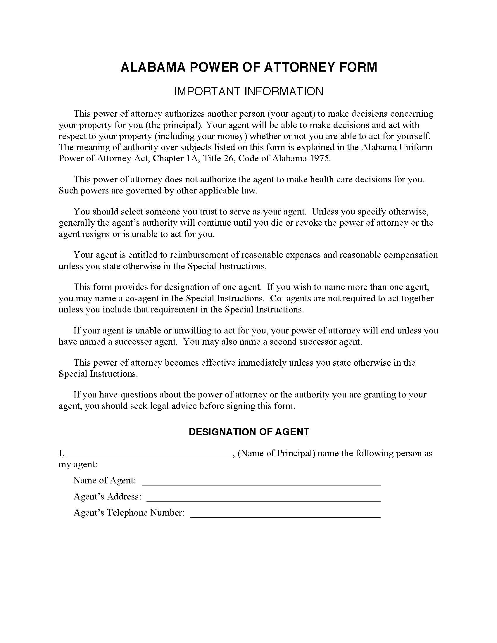 Free Printable Power Of Attorney Forms For Alabama Printable Forms 