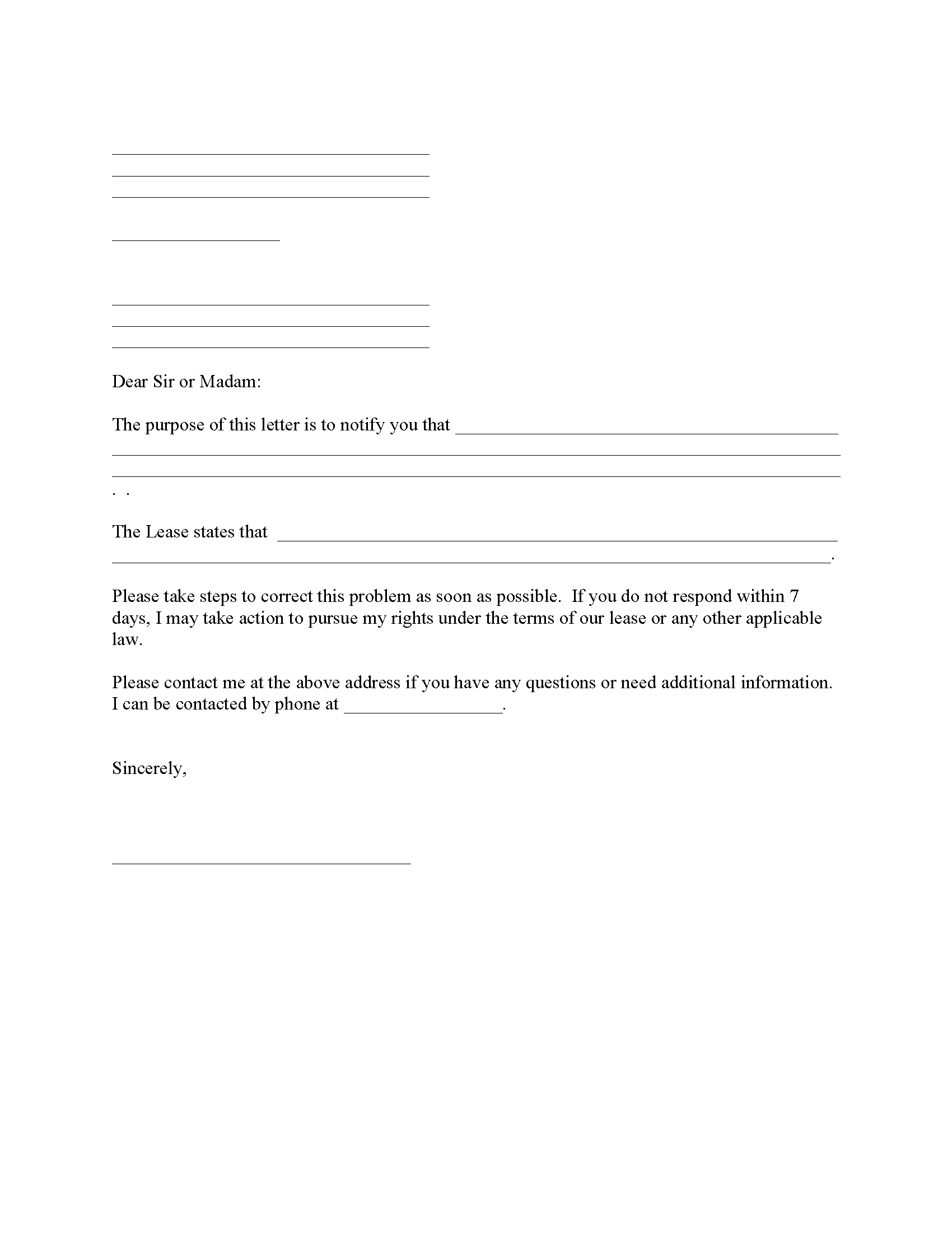 Complaint To Landlord - Fillable PDF - Free Printable Legal Forms