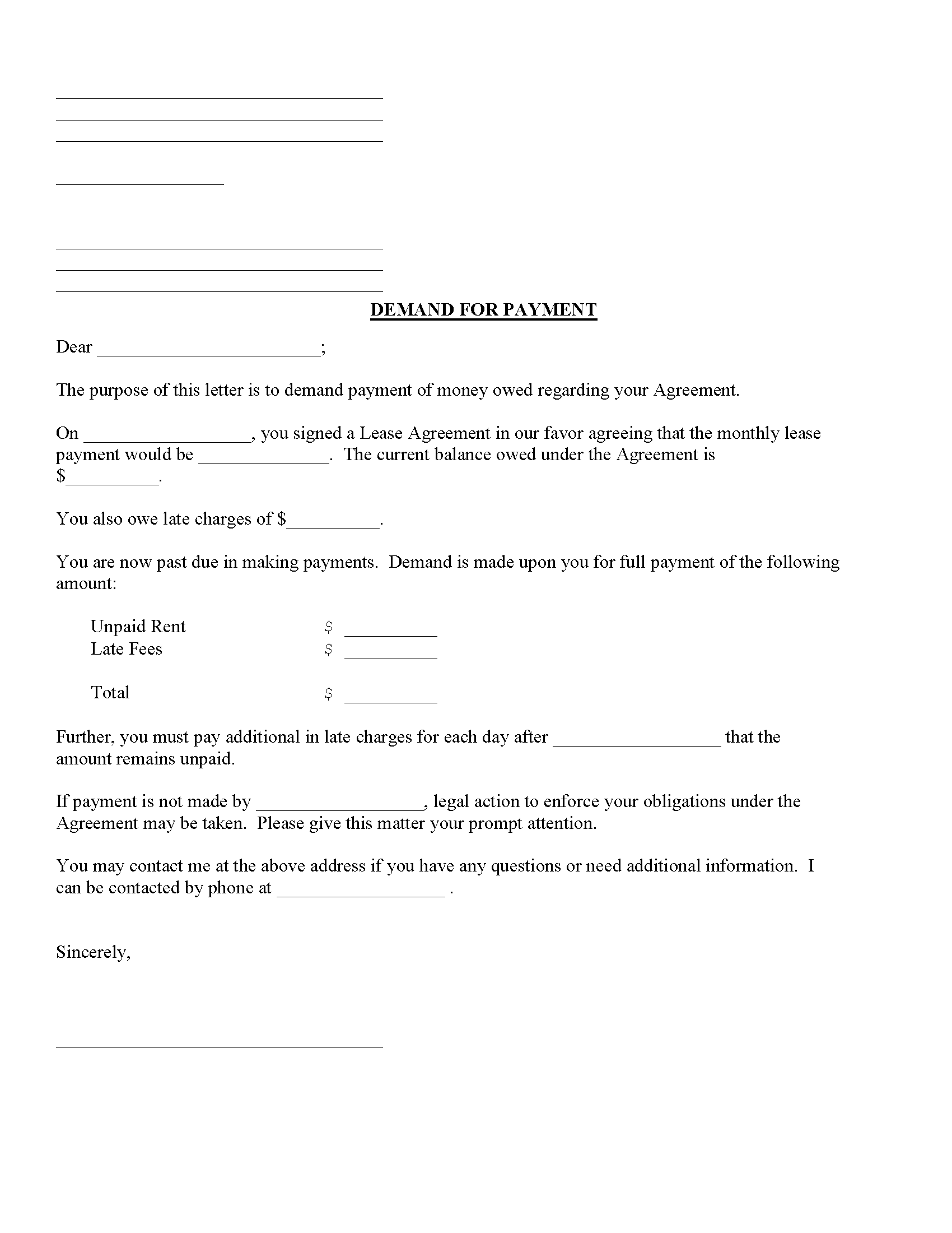 Demand For Lease Payment Form - Fillable PDF - Free Printable Legal Forms