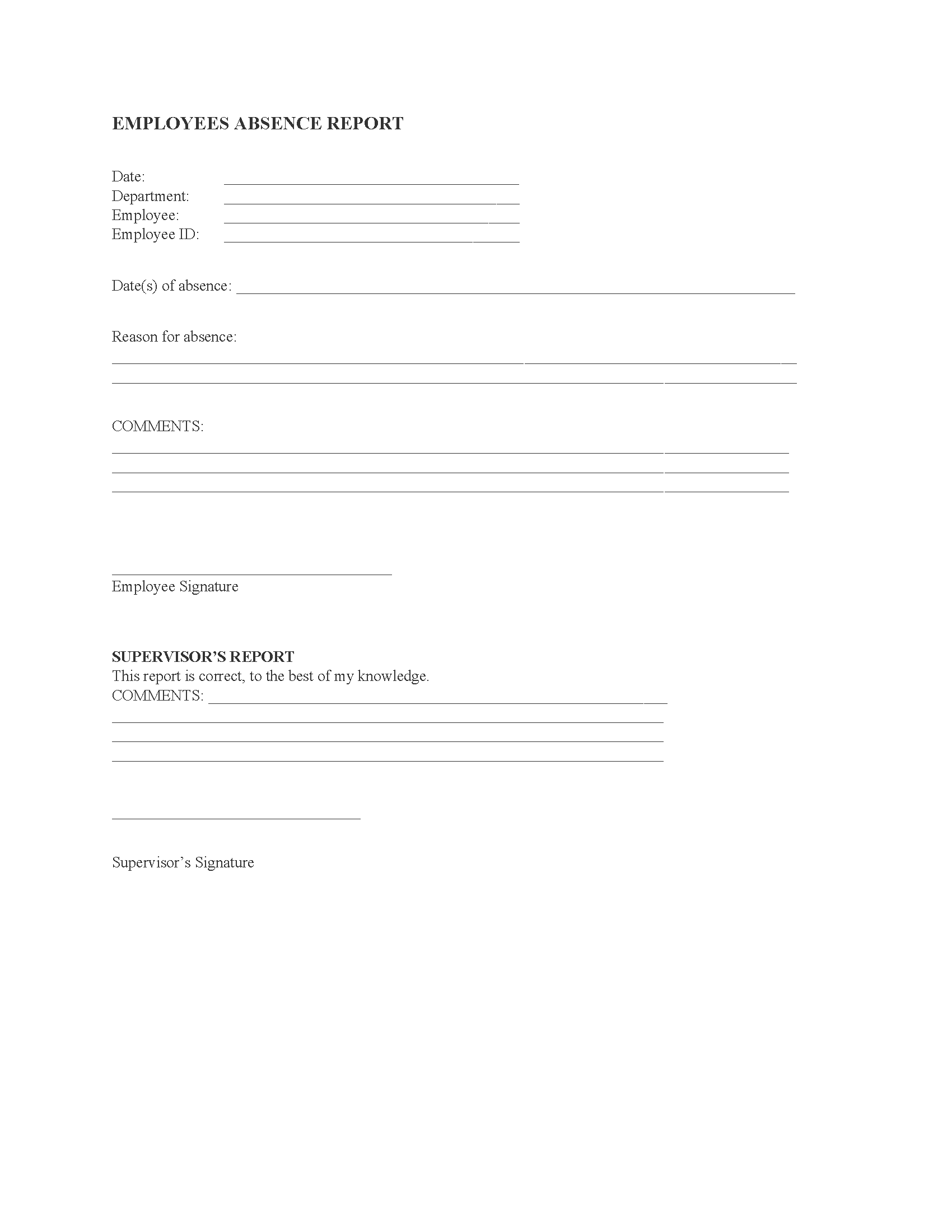 Employee Absence Report Fillable PDF Free Printable Legal Forms