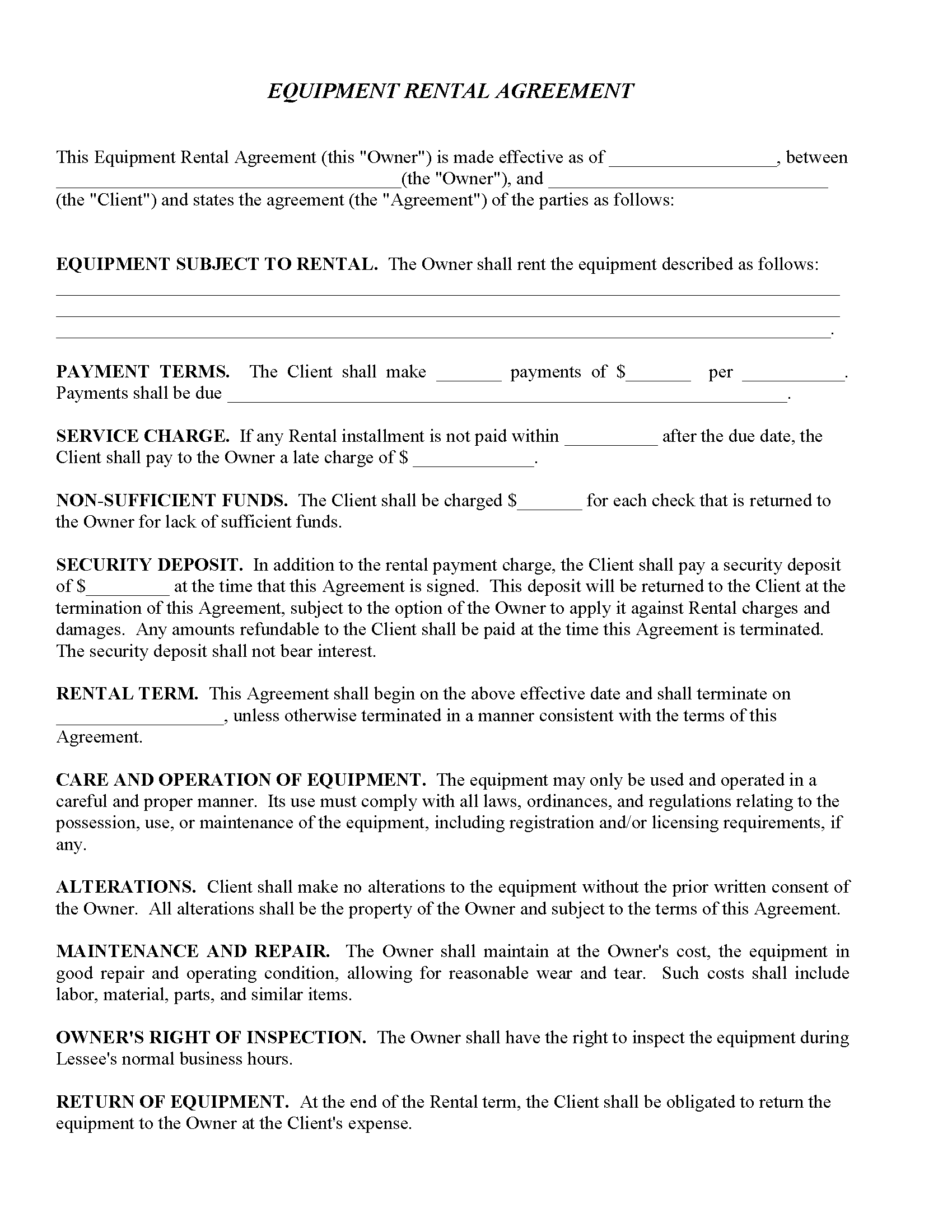 Printable Equipment Rental Agreement Template