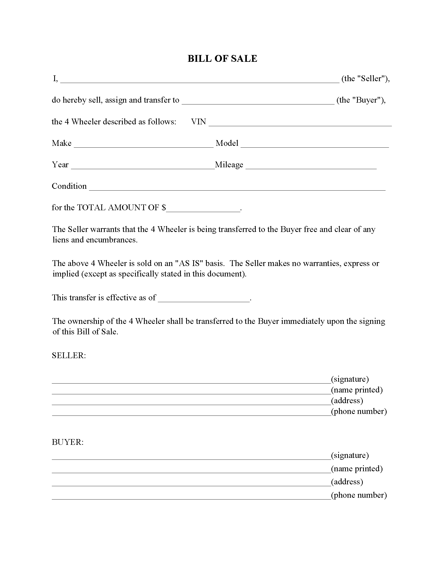 Four Wheeler Bill Of Sale Form Fillable Pdf Free Printable Legal Forms