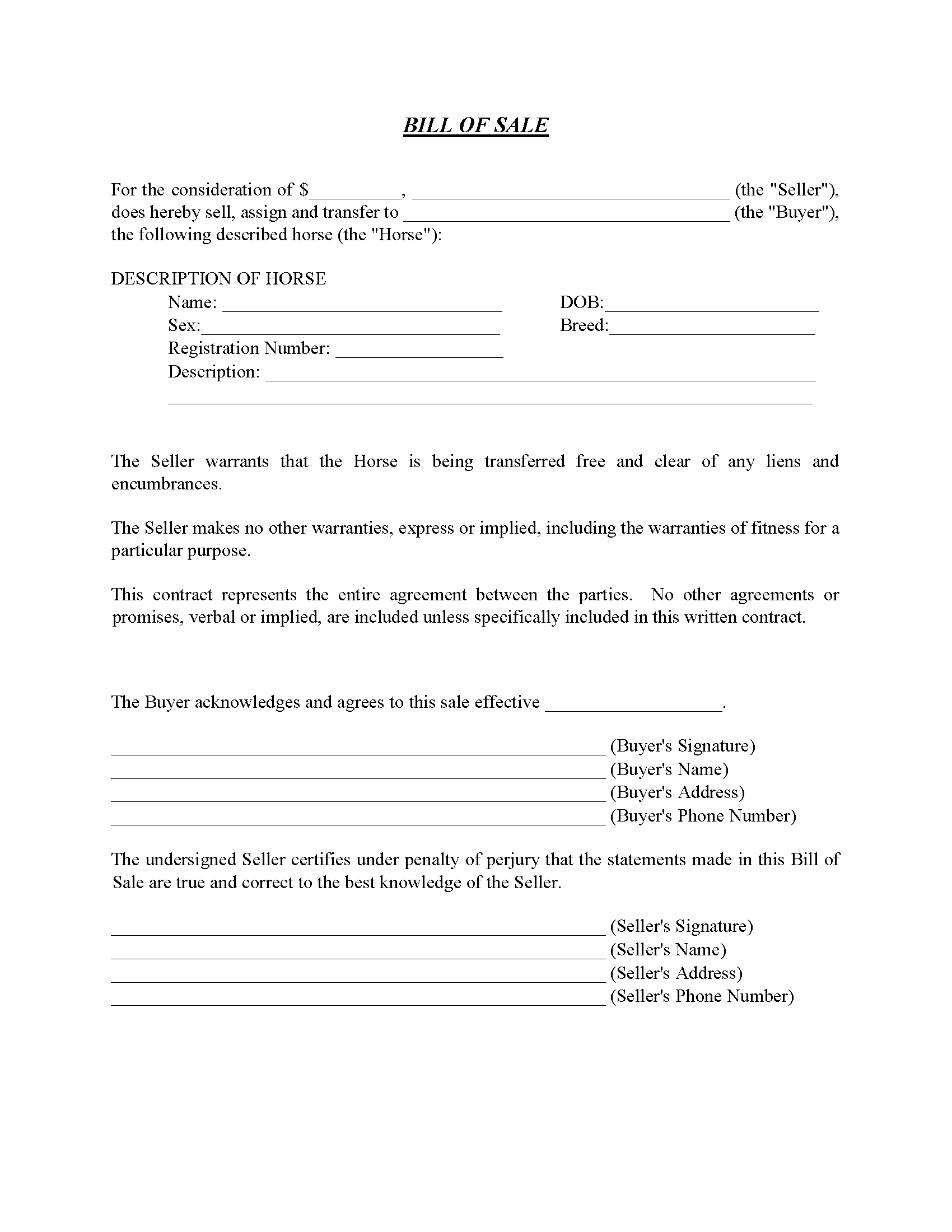 Missouri Horse Bill of Sale Form PDF Free Printable Legal Forms