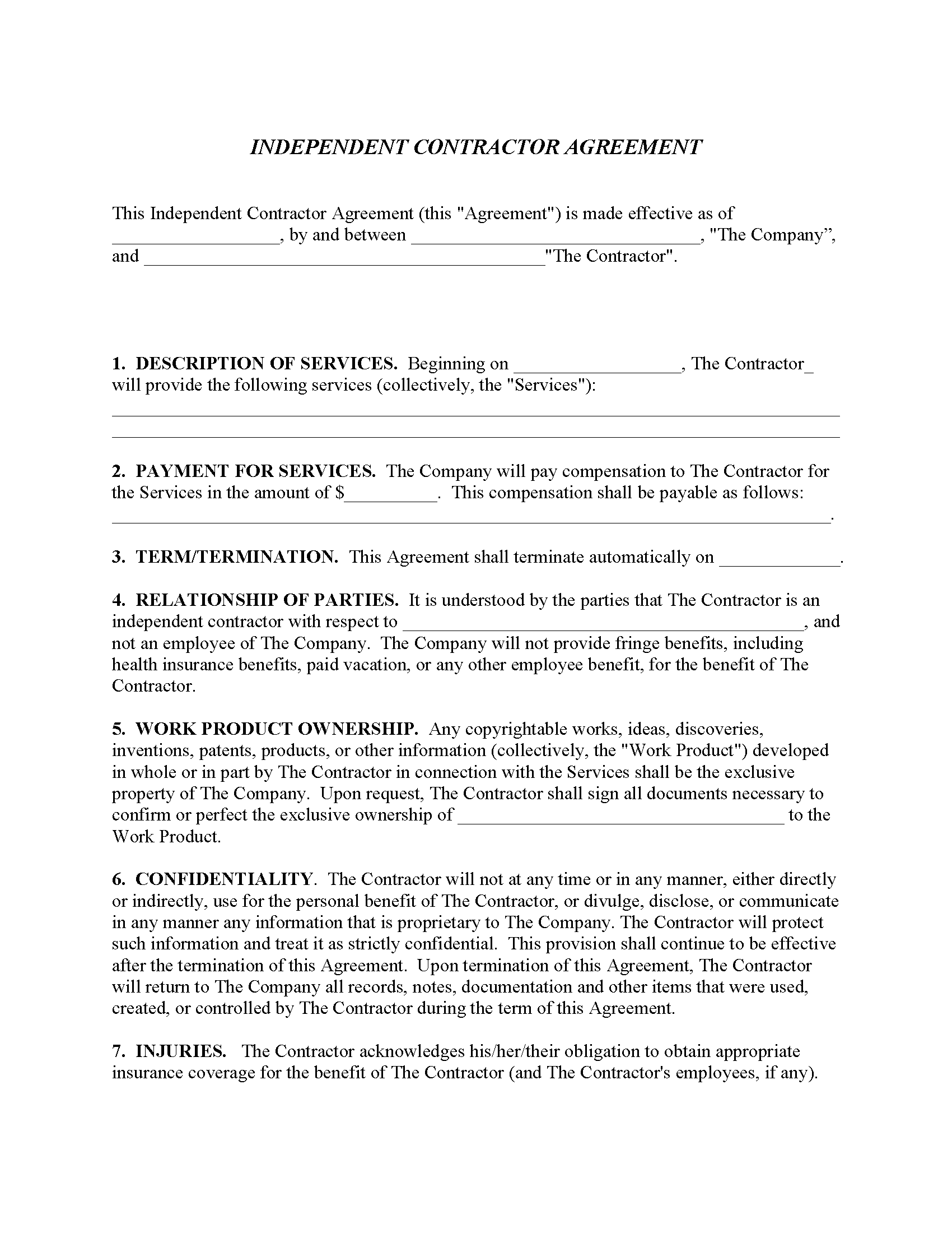 Independent Contractor Agreement - Fillable PDF - Free Printable Legal ...