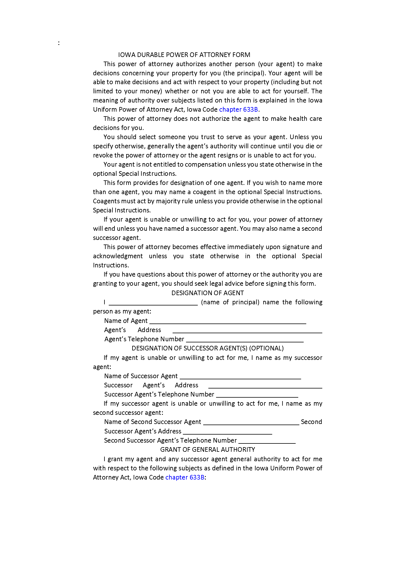 Iowa Durable Power of Attorney Form - Fillable PDF - Free Printable