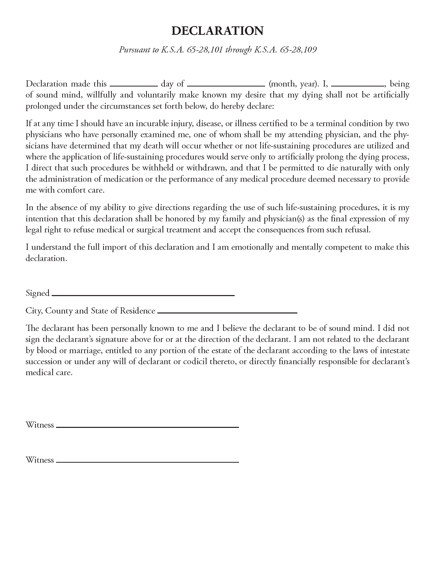 Kansas Living Will Form Fillable PDF Free Printable Legal Forms