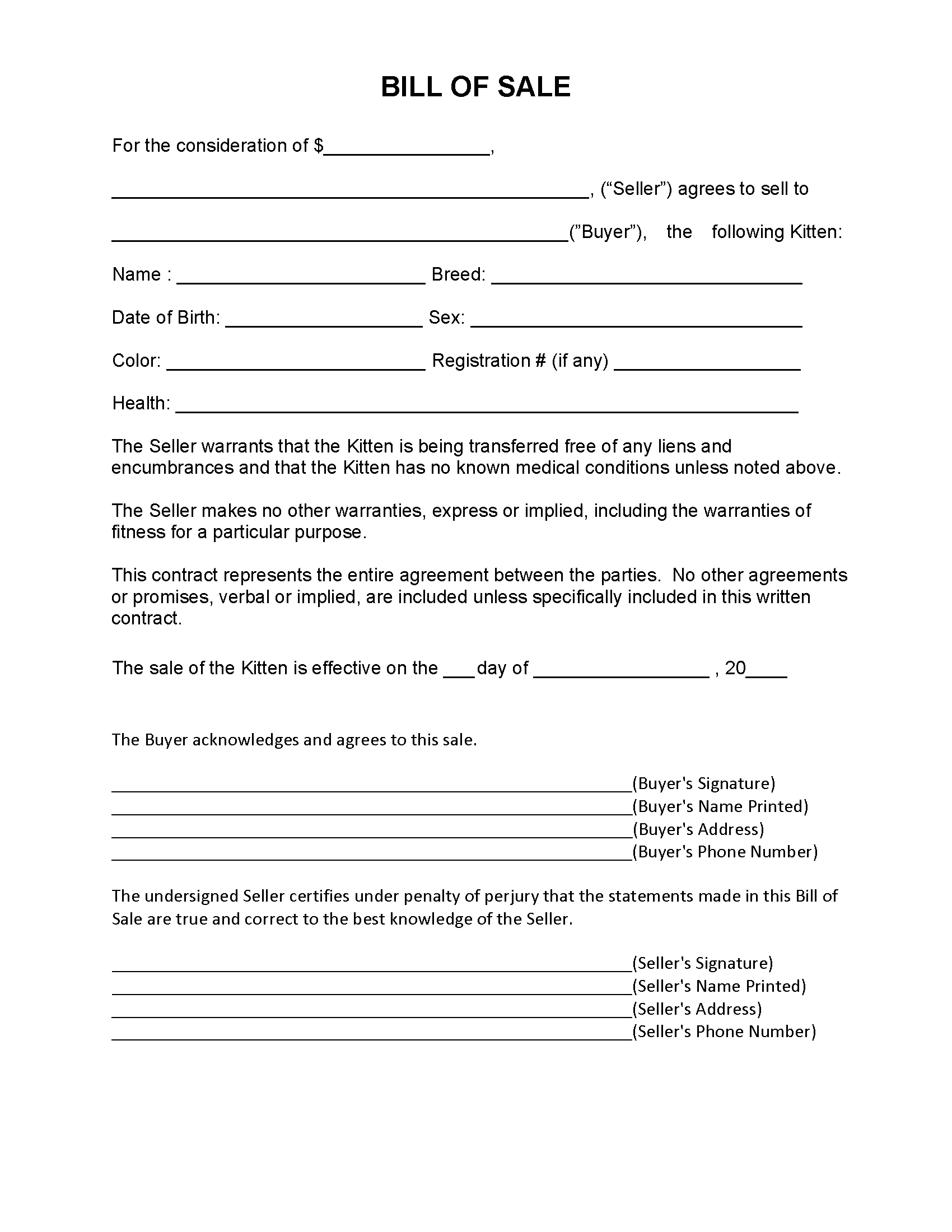 Free Cat Kitten Bill Of Sale Form Word Pdf Eforms Free Fillable | My ...