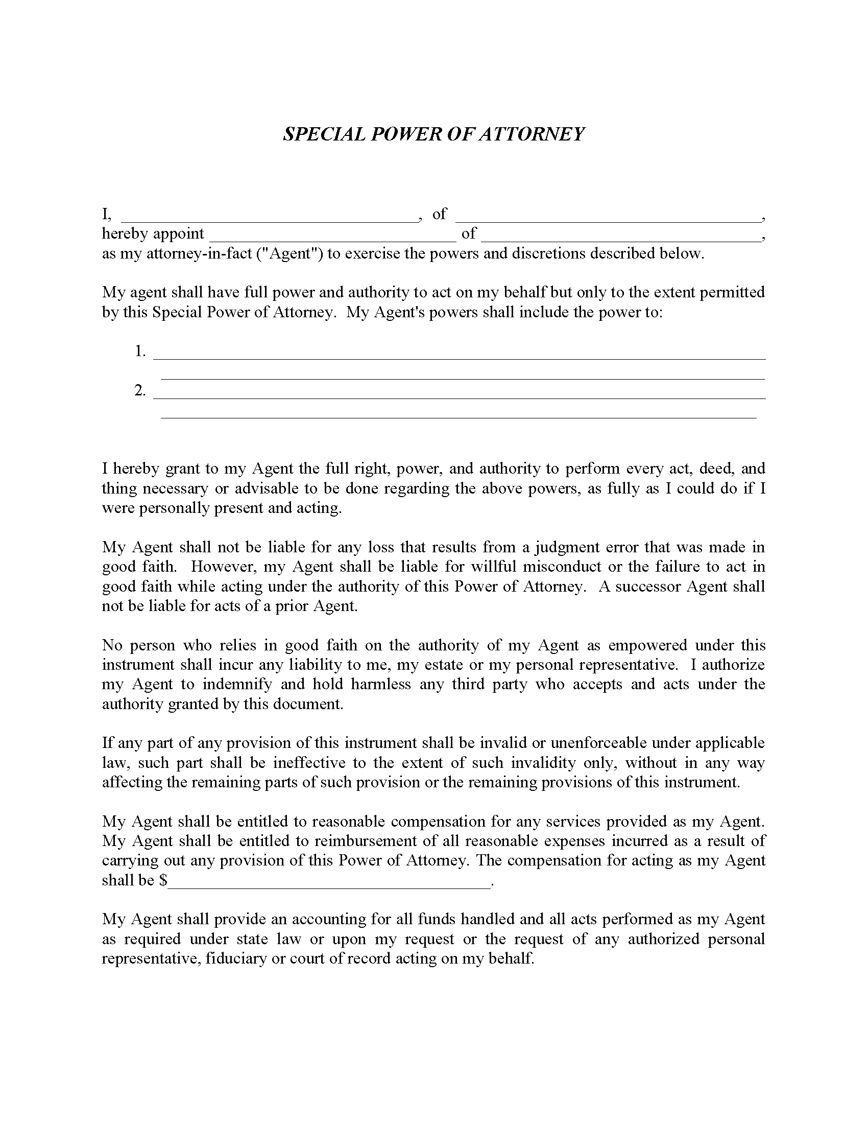 Limited Power of Attorney - Fillable PDF - Free Printable Legal Forms