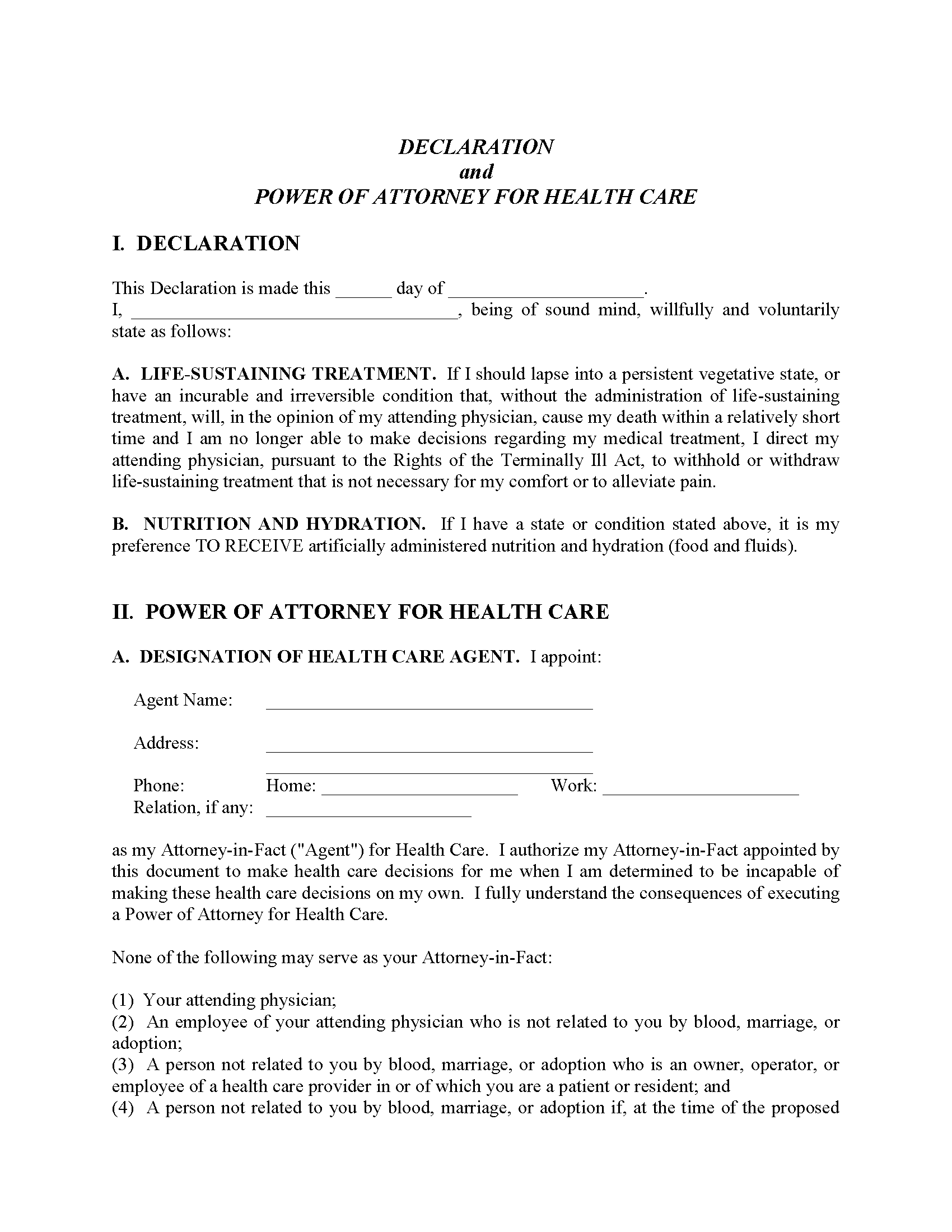 Living Will Form Fillable PDF Free Printable Legal Forms