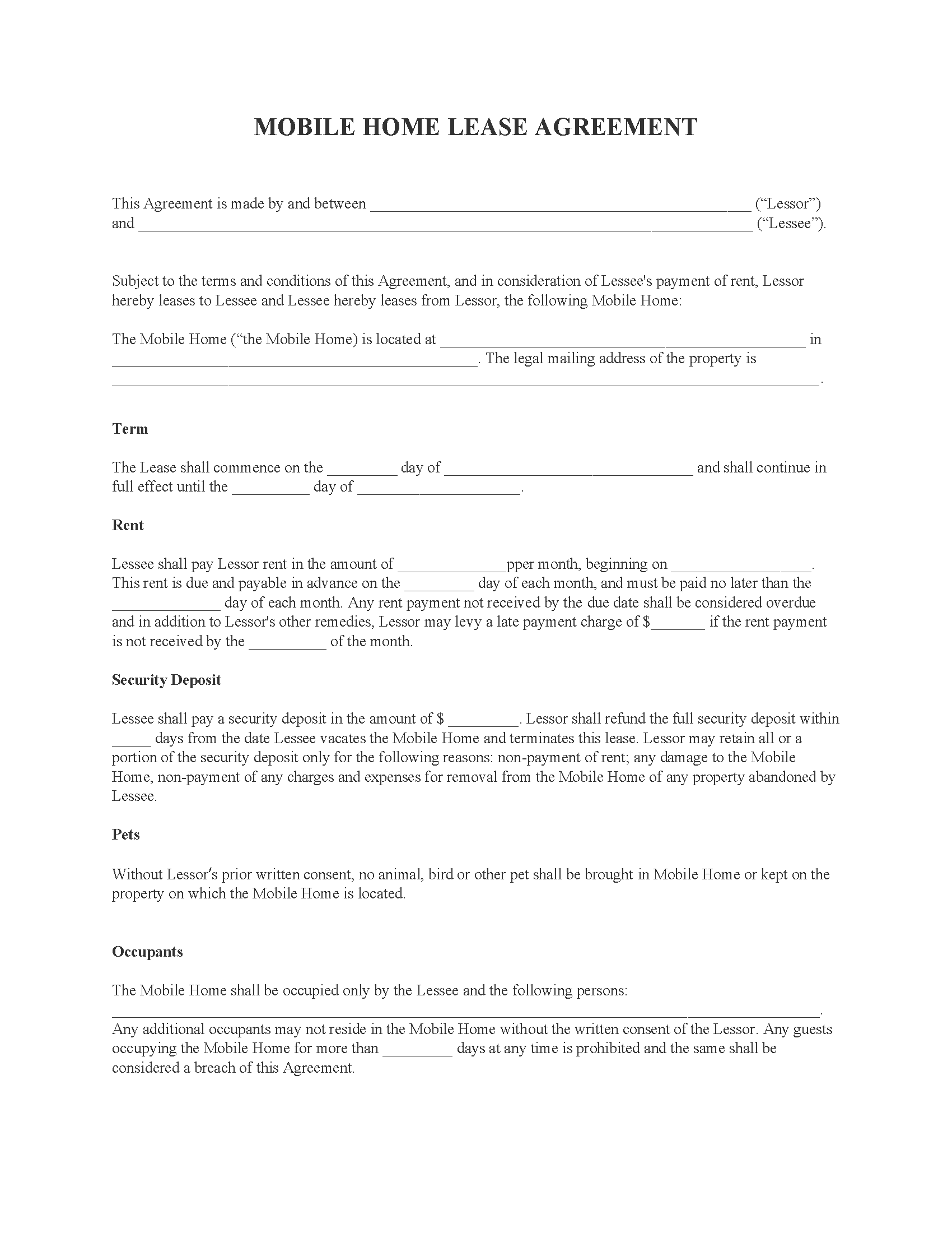 Free Printable Mobile Home Rental Agreement