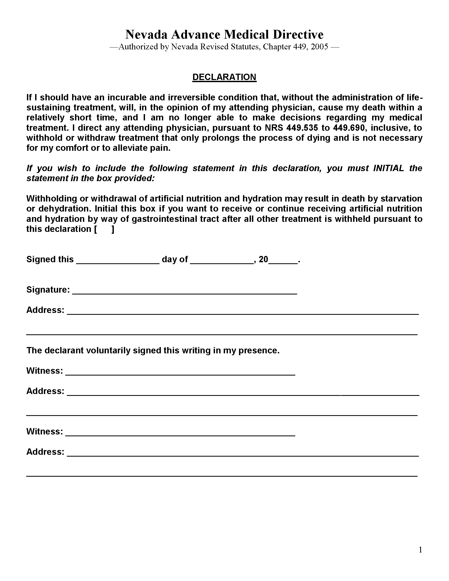 Nevada Health Care Power Of Attorney Fillable PDF Free Printable 