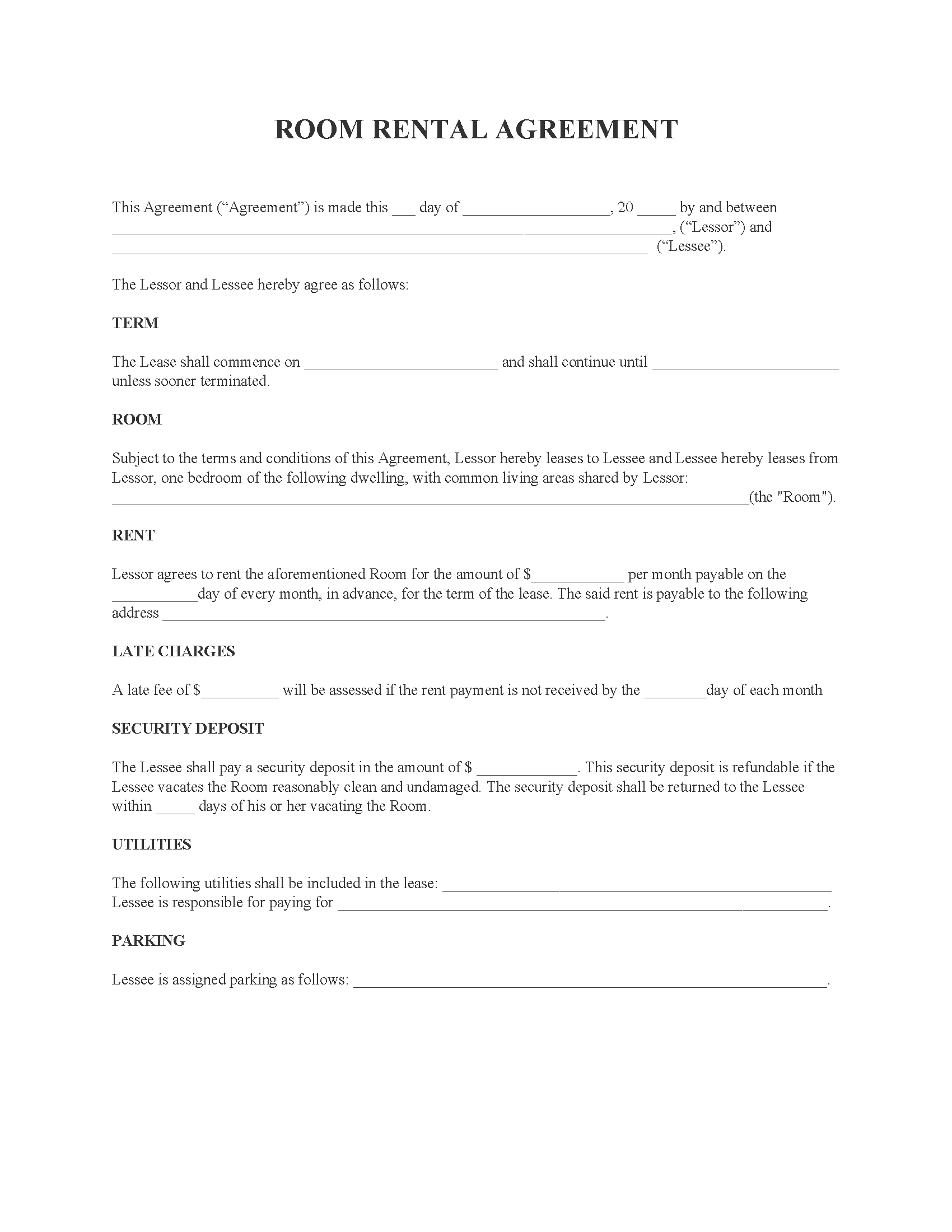 Room Rental Agreement Fillable PDF Free Printable Legal Forms