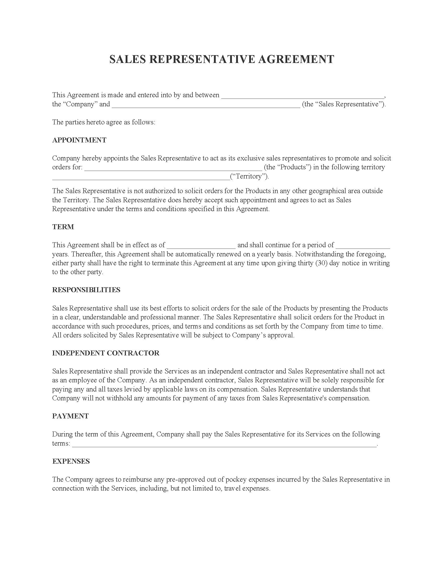 Sales Representative Agreement Word Free Printable Legal Forms