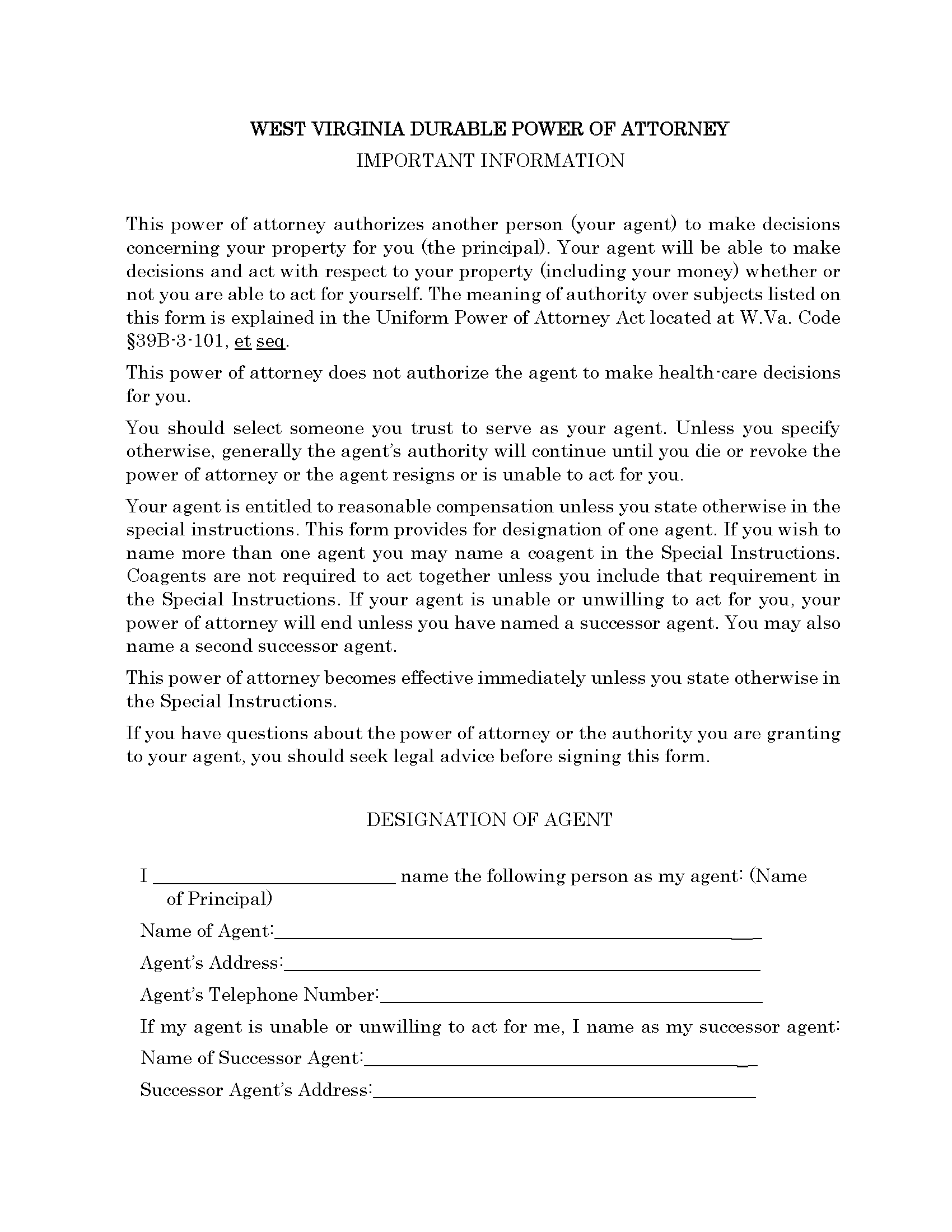 West Virginia Durable Power of Attorney Form - Fillable ...