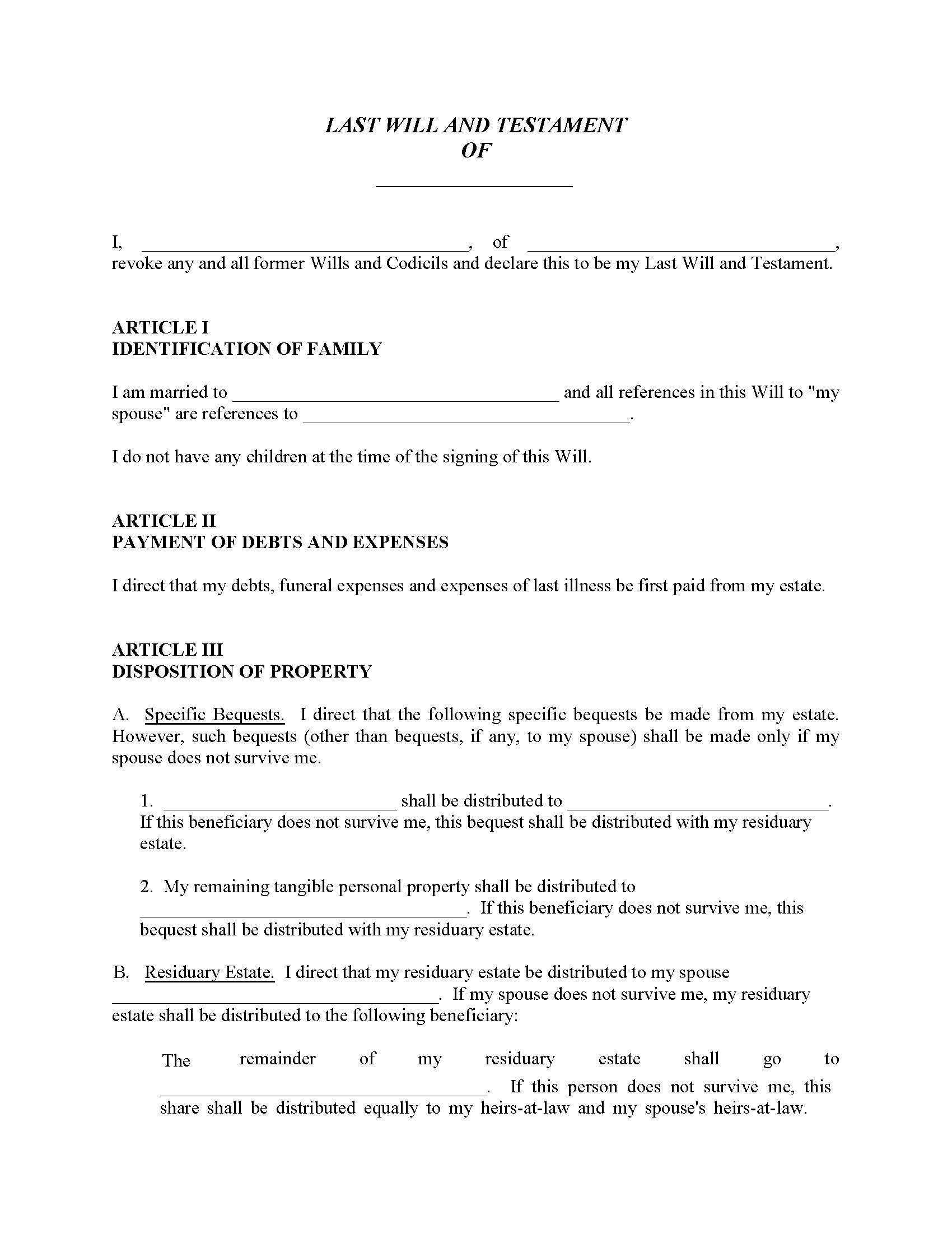 Florida Will For Married With No Children Free Printable Legal Forms