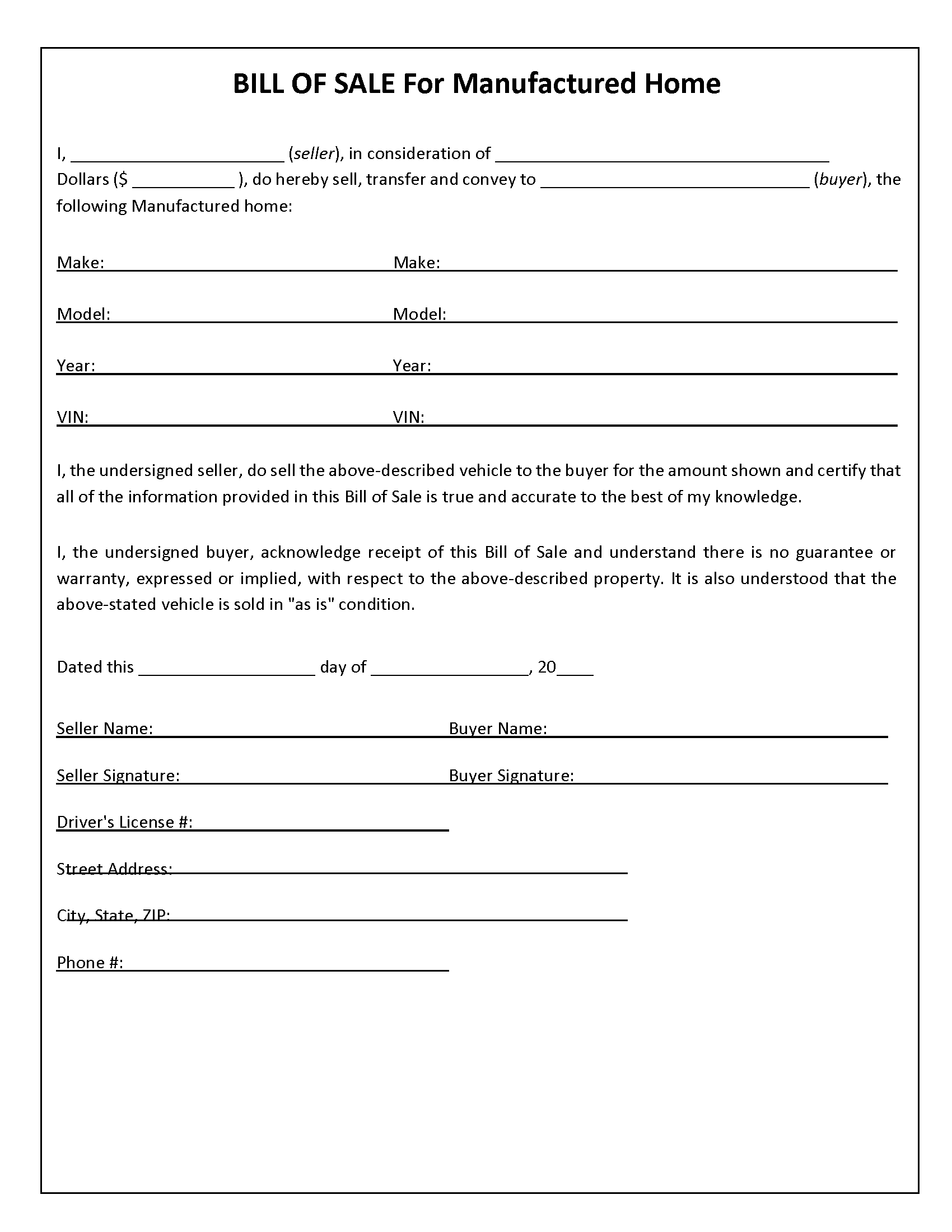 manufactured home bill of sale form free printable legal