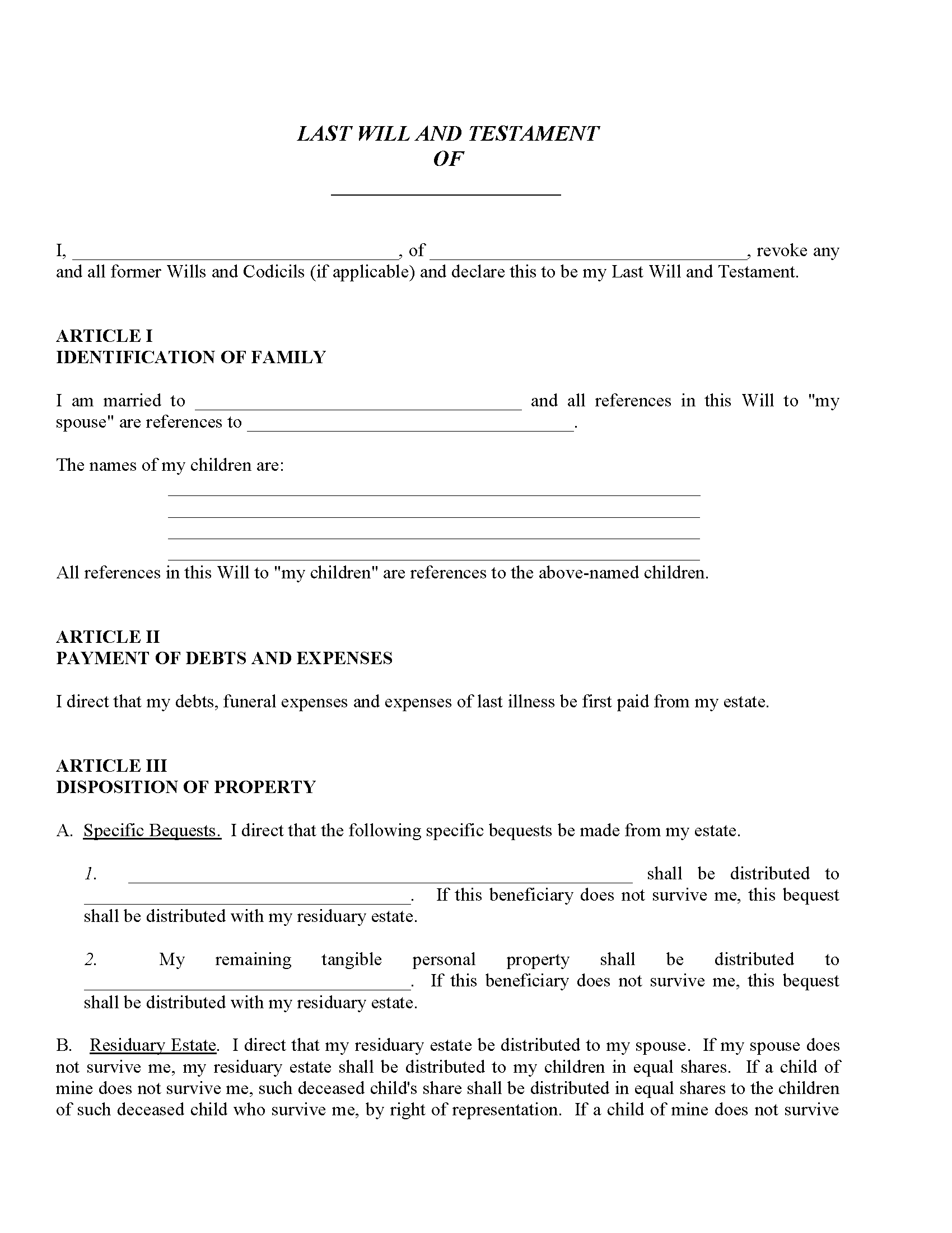 Mississippi Last Will And Testament Free Printable Legal Forms