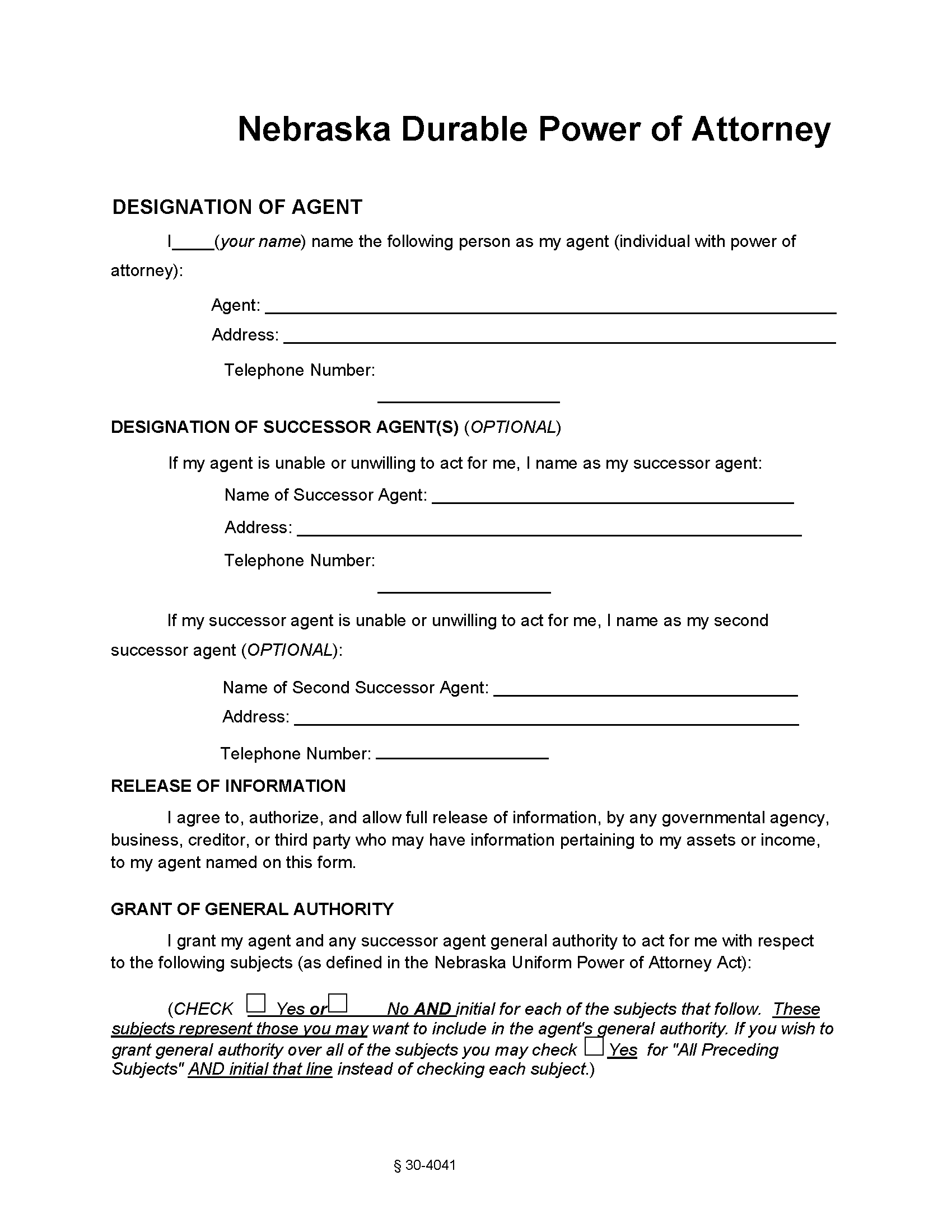 Nebraska Durable Power Of Attorney Form Free Printable Legal Forms