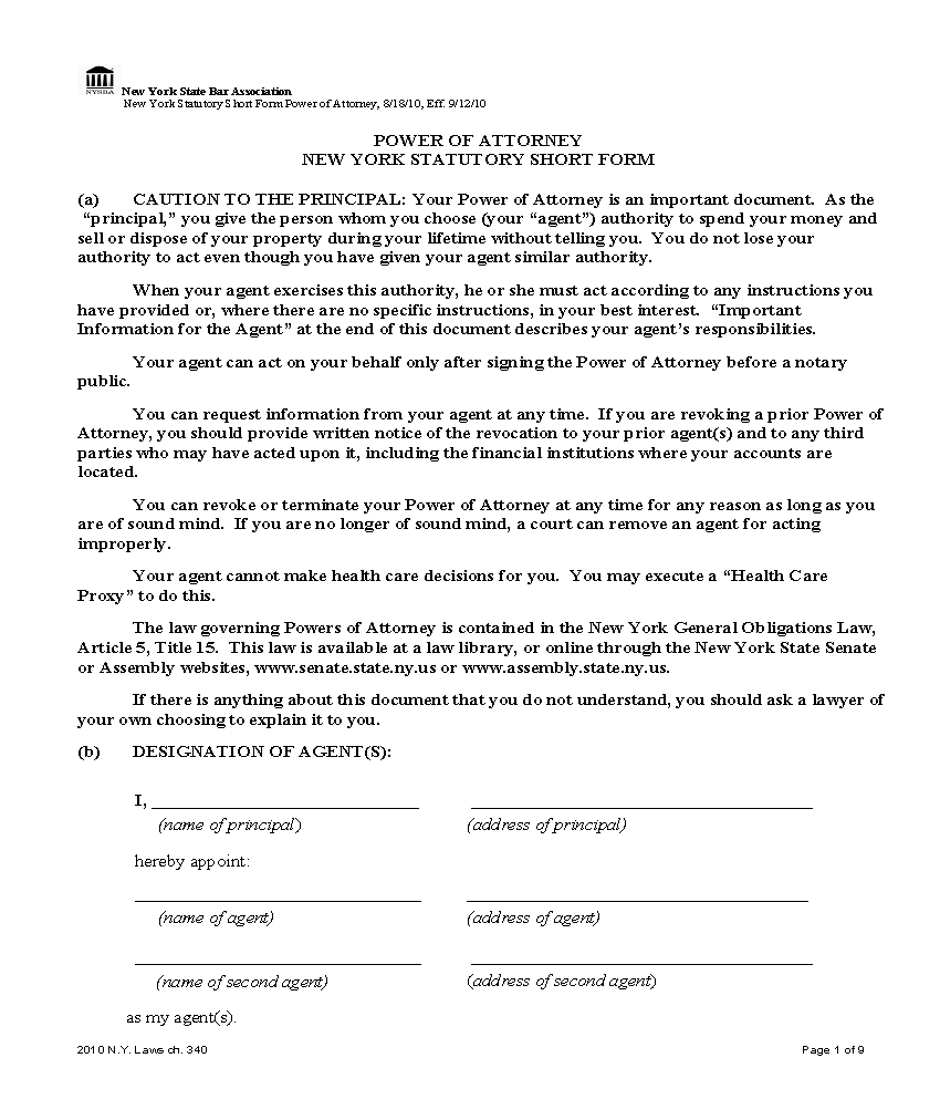 New York Financial Power of Attorney Form Free Printable Legal Forms