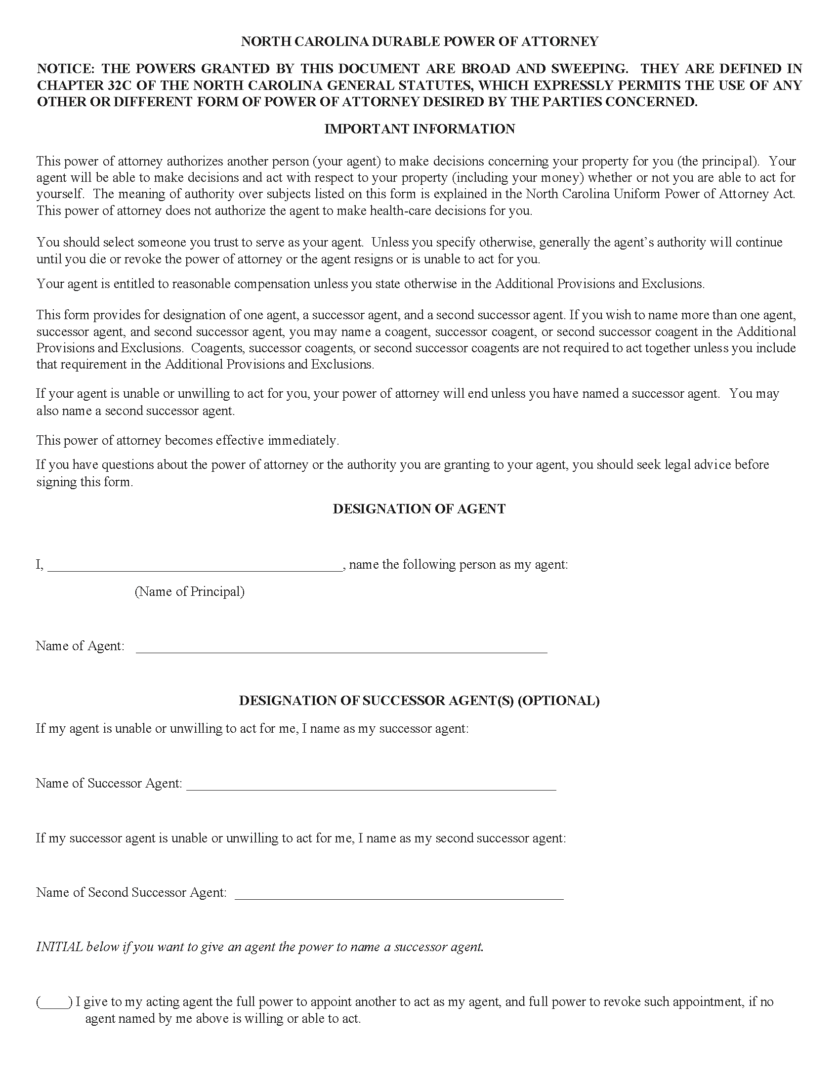 North Carolina Durable Power of Attorney Form - Free Printable Legal Forms