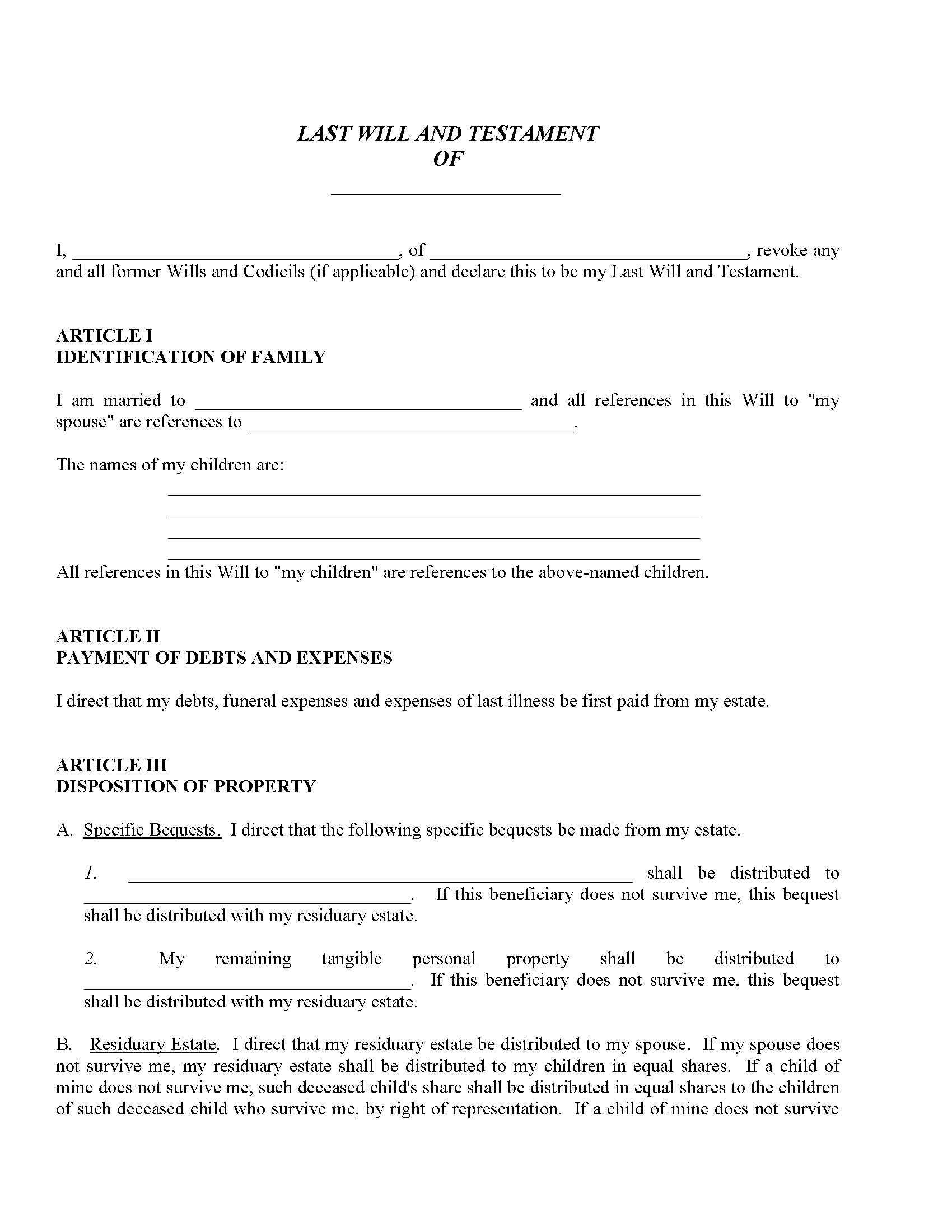 Ohio Last Will and Testament - Free Printable Legal Forms