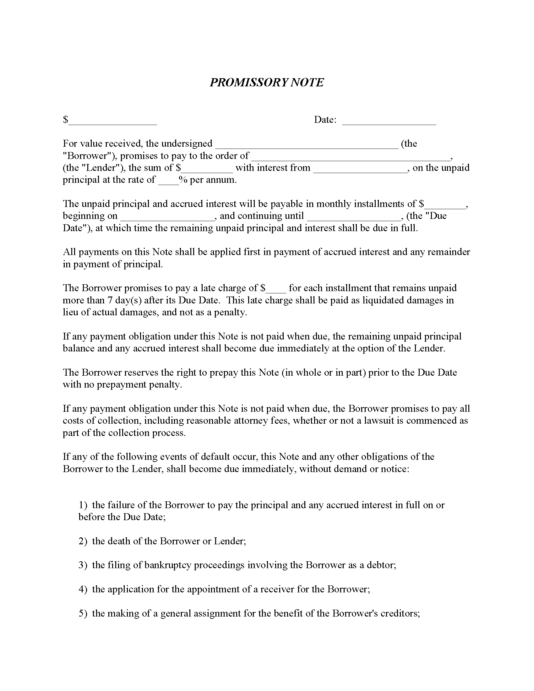 Promissory Note Form Free Printable Legal Forms