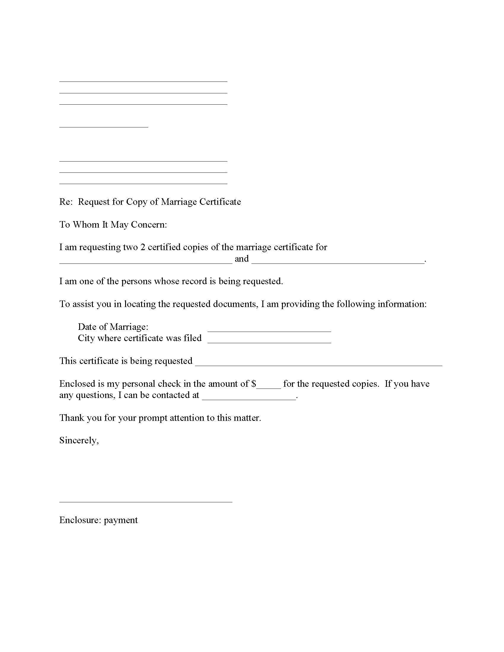 Request Copy of Marriage License - Free Printable Legal Forms