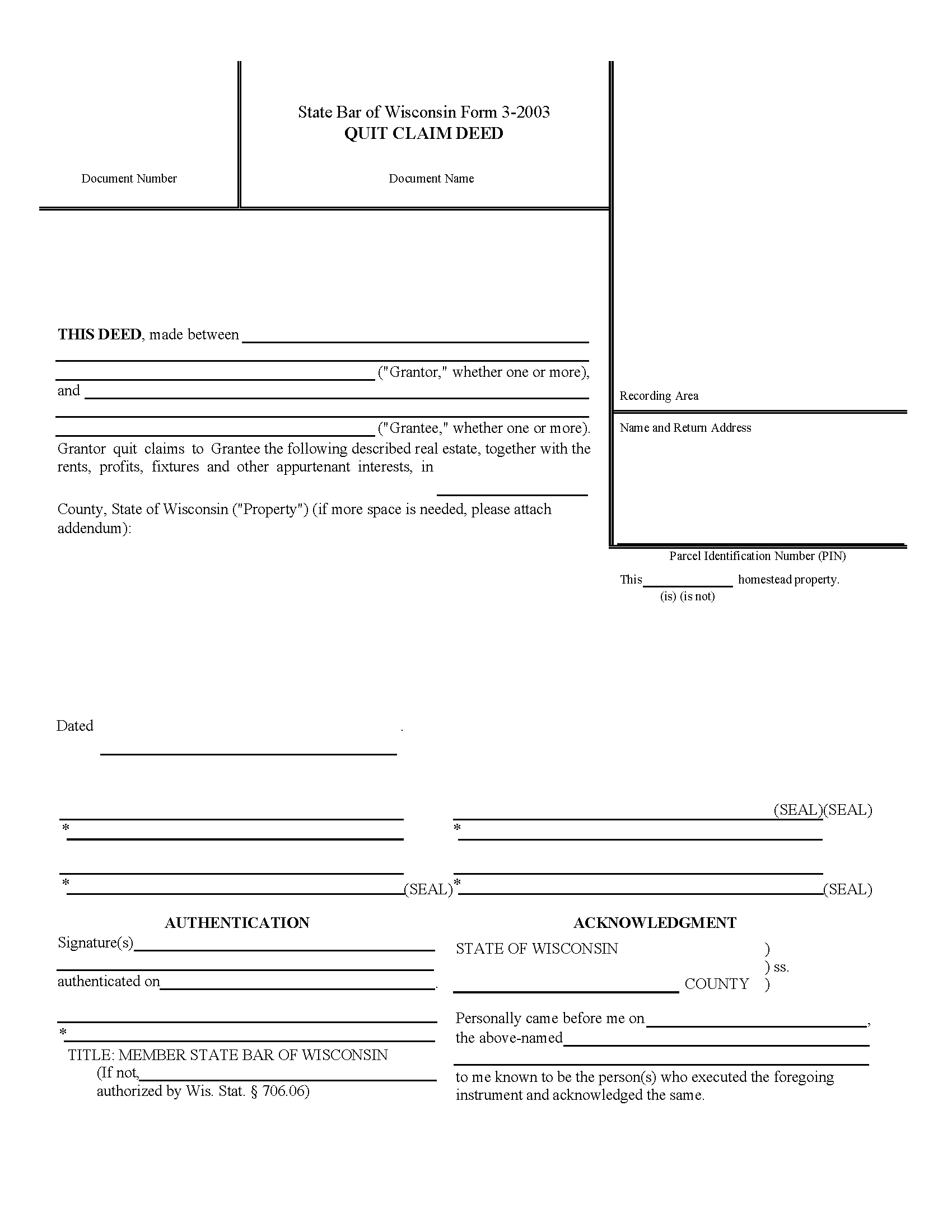Wisconsin Quit Claim Deed Free Printable Legal Forms