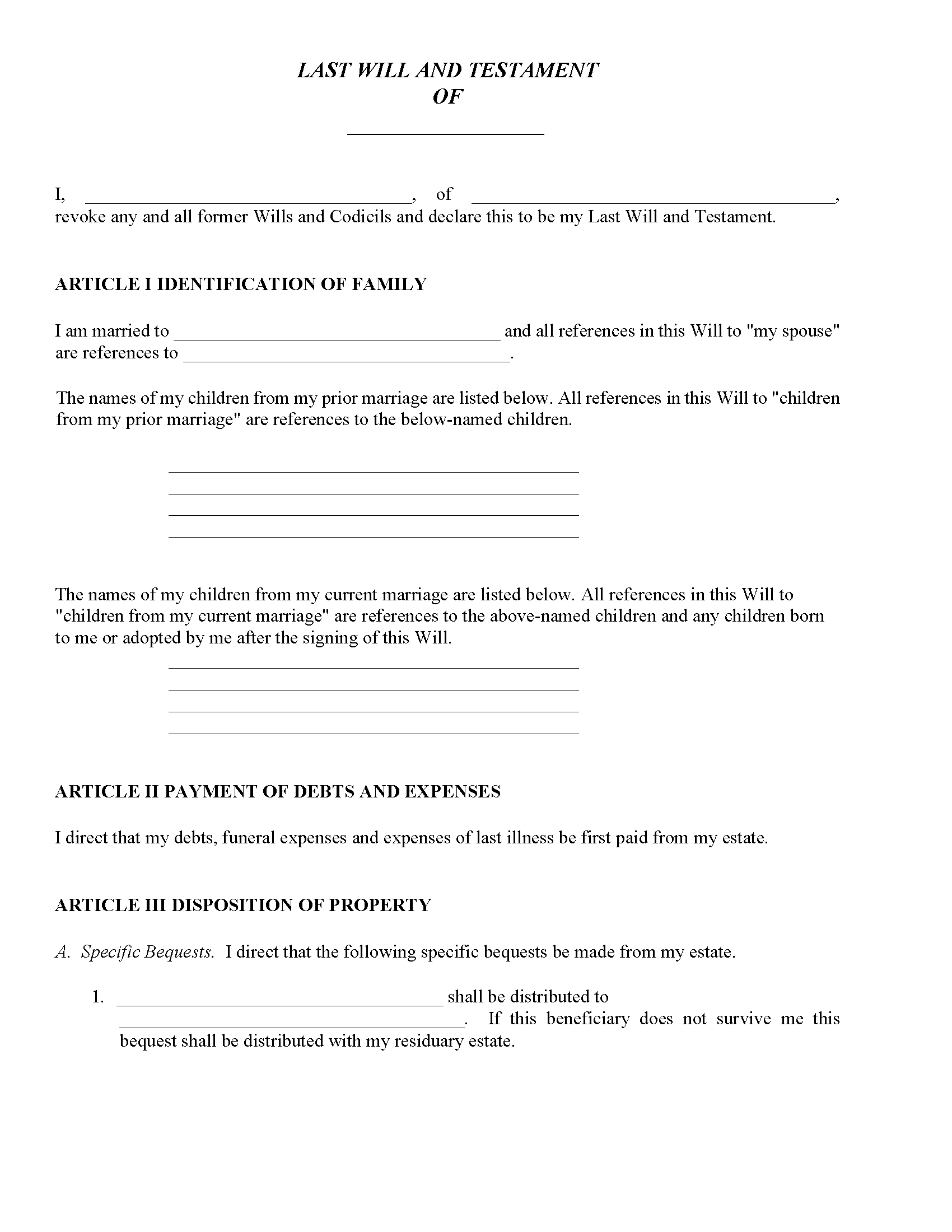 Wisconsin Will For Remarried With Children Free Printable Legal Forms