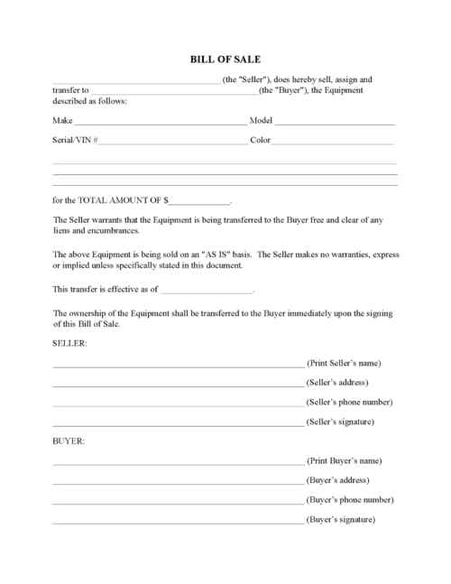 Equipment Bill of Sale Form