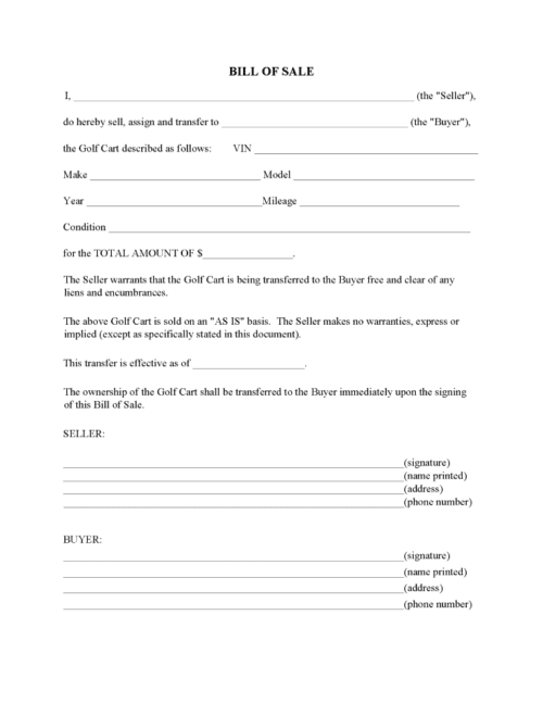 Golf Cart Bill of Sale Form - Free Printable Legal Forms