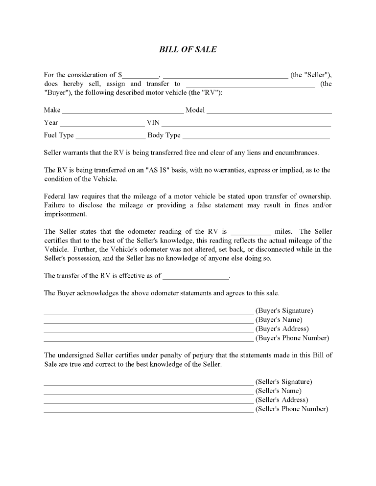 new jersey rv bill of sale form free printable legal forms