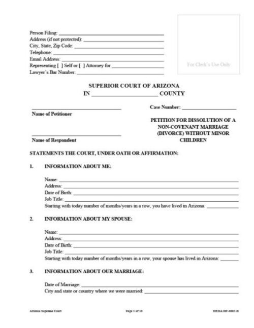 arizona petition for dissolution of a non covenant marriage without minor children pdf free printable legal forms