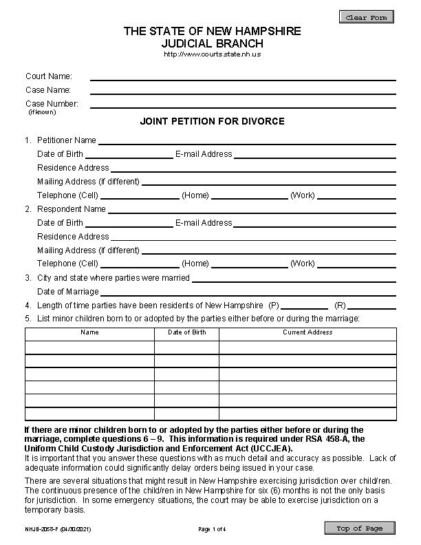 free new hampshire divorce forms free printable legal forms