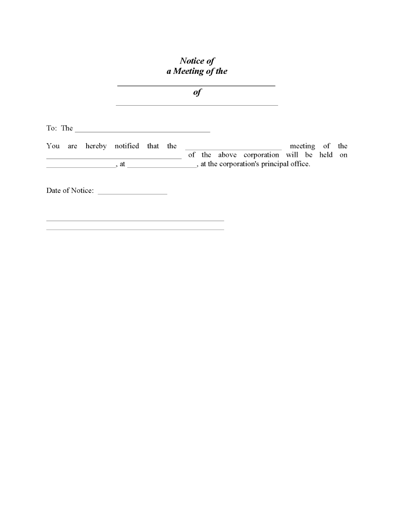 Notice of Corporate Meeting Form - Word - Free Printable Legal Forms