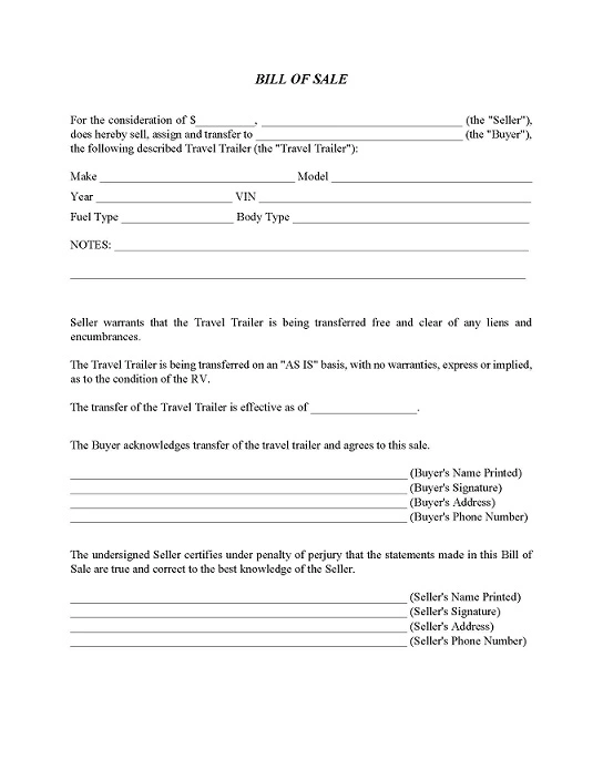 free florida travel trailer bill of sale word download free print