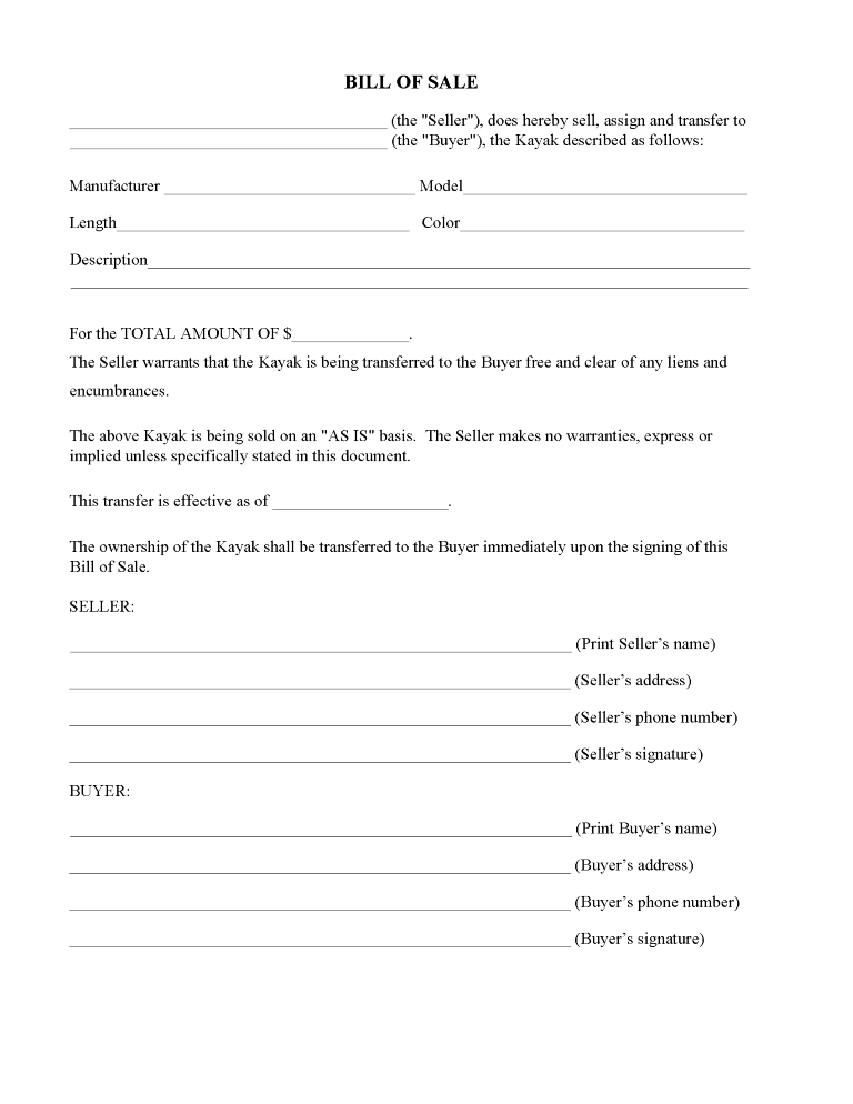 Free Hawaii Kayak Bill Of Sale - Free Printable Legal Forms