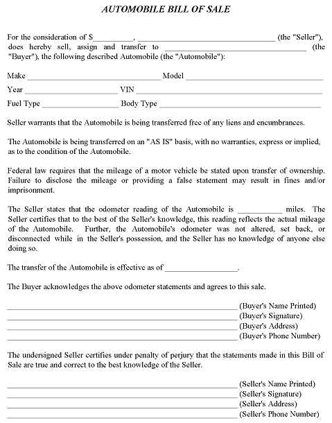 Free Automobile Bill Of Sale Template PDF Word Free Printable Legal 