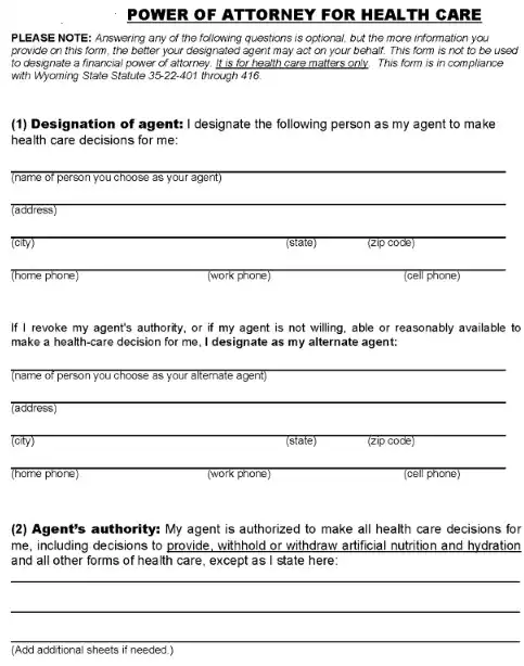 Free Wyoming Medical Power of Attorney PDF - Free Printable Legal Forms