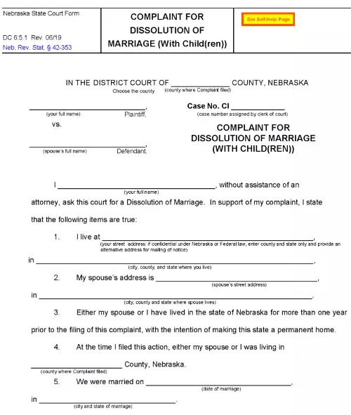 Free Nebraska Complaint For Dissolution of Marriage With Children PDF ...