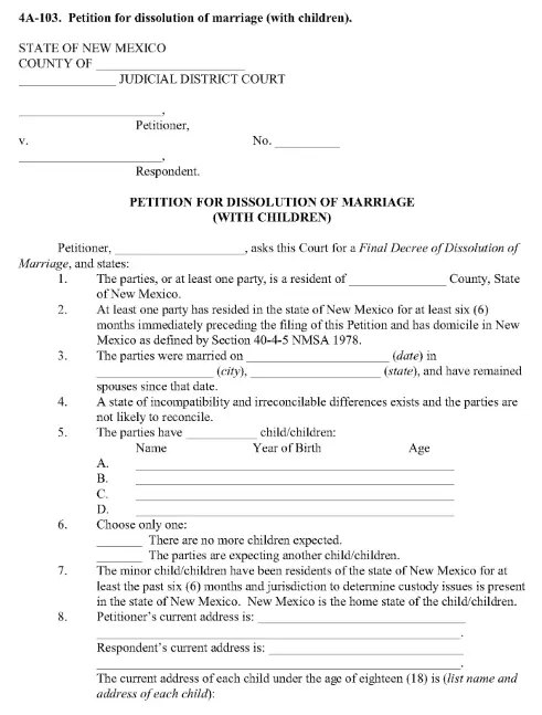 Free New Mexico Petition For Dissolution of Marriage With Children PDF ...