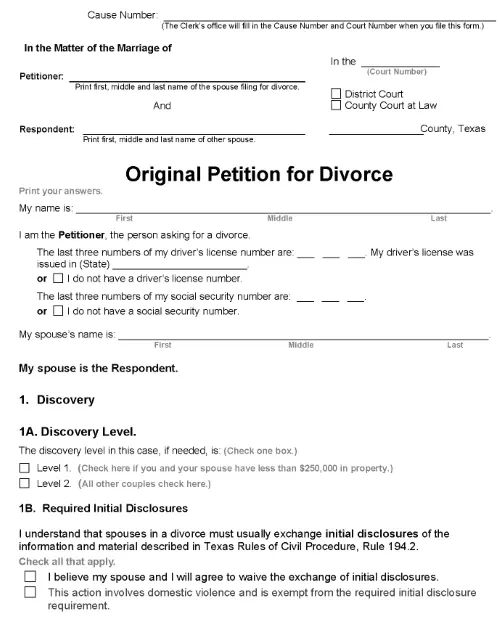 Free Printable Texas Divorce Papers PDF Word