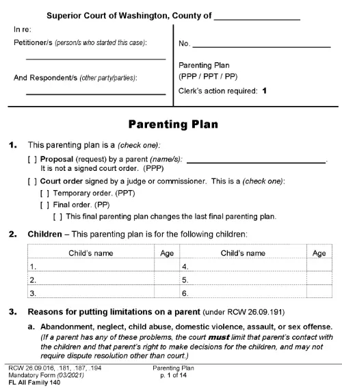 Free Washington Parenting Plan PDF - Free Printable Legal Forms