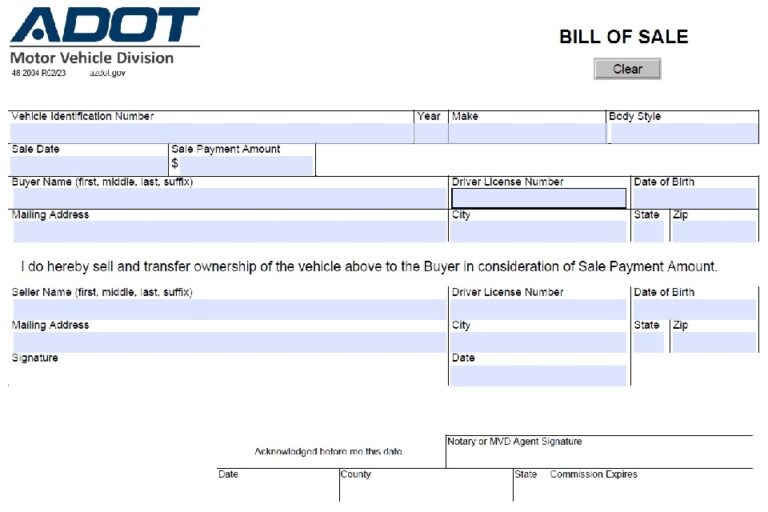 Free Arizona Motor Vehicle Bill Of Sale For Truck Or Car Adot Form 48 2004 Printable Pdf And Word 7951