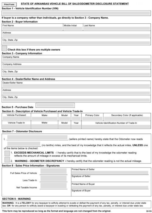 Free Printable Arkansas Motor Vehicle Bill of Sale For Truck or Car PDF ...