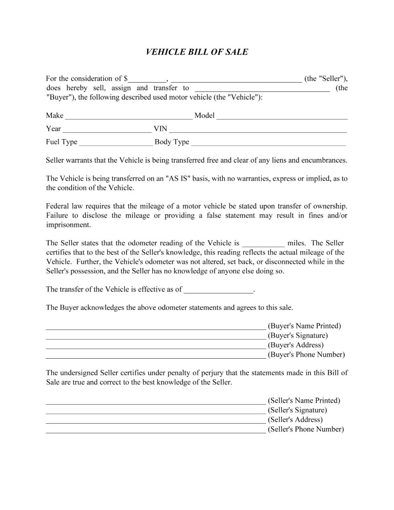 free-printable-vehicle-bill-of-sale-template-form-generic